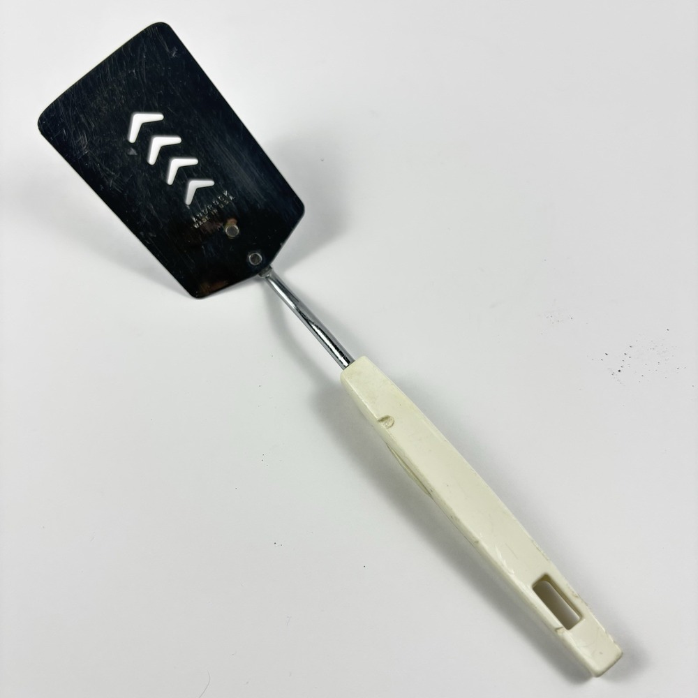 Androck Chrome Plated Slotted Spatula Turner Flipper Off White Handle USA 10"
